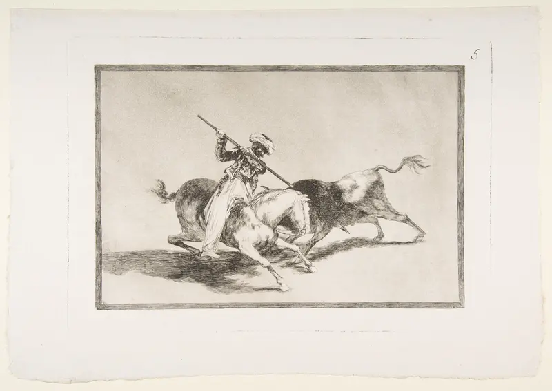 Plate 5 from "La Tauromaquia": The spirited Moor Gazul is the first to spear bulls according to the rules