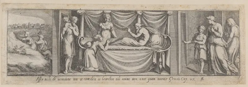 Plate 5: Isaac telling Esau to hunt for meat at left and Jacob and Rebekah at right, from Genesis 27, after a lost fresco in the basamento of Bay 5 of the Vatican Loggia Wall Art by Pietro Santi Bartoli - High-Resolution Digital Print
