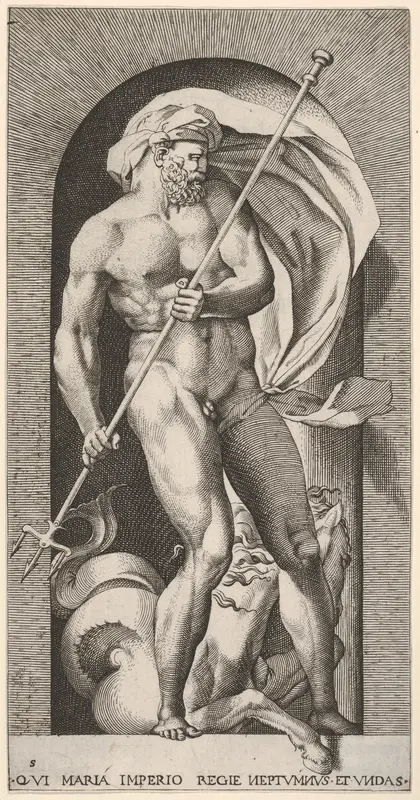 Plate 5: Neptune standing in a niche holding a trident, with a hippocampus (sea-horse) behind him, from "Mythological Gods and Goddesses"