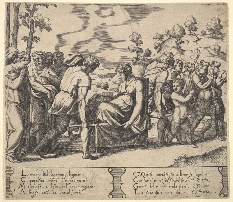 Plate 5: Psyche carried on a litter, from "The Fable of Cupid and Psyche" Wall Art by Master of the Die - High-Resolution Digital Print