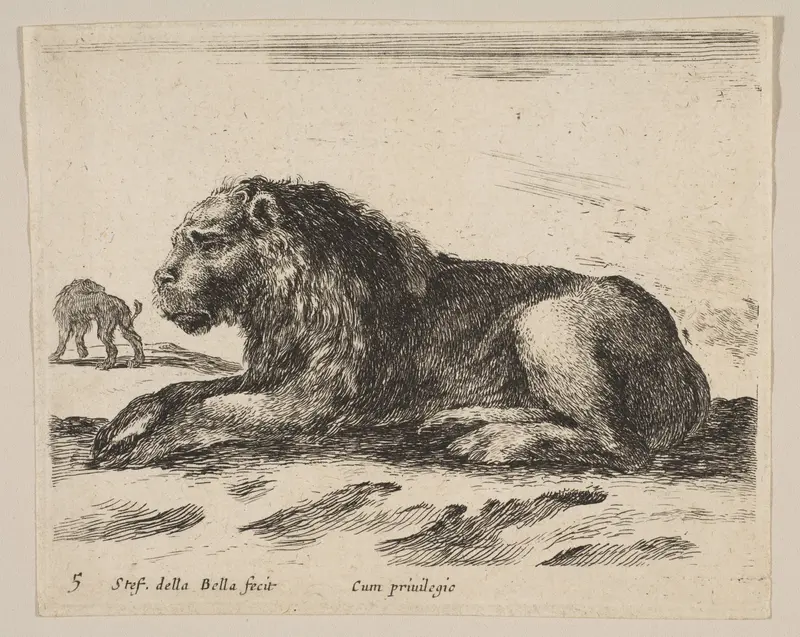 Plate 5: Reclining Lion, from "Various animals" (Diversi animali) Wall Art by Stefano della Bella - High-Resolution Digital Print