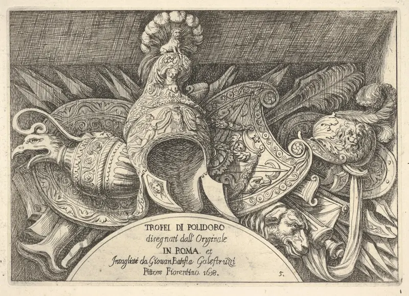 Plate 5: trophies of Roman arms from decorations above the windows on the second floor of the Palazzo Milesi in Rome Wall Art by Giovanni Battista Galestruzzi - High-Resolution Digital Print
