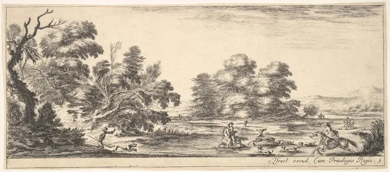 Plate 5: two horsemen in a stream to right, riding towards the left, following four dogs chasing a stag, another dog running into the water from the left, from "Various Landscapes" (Divers Paysages) Wall Art by Stefano della Bella - High-Resolution Digital Print
