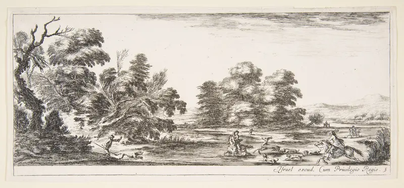 Plate 5: two horsemen in a stream to right, riding towards the left, following four dogs chasing a stag, another dog running into the water from the left, from 'Various landscapes' (Divers paysages) Wall Art by Stefano della Bella - High-Resolution Digital Print
