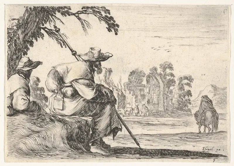 Plate 5: two pilgrims with hats rest to the left, seen from behind, a horseman rides towards the background to the right, from "Various Figures" (Agréable diversité de figures) Wall Art by Stefano della Bella - High-Resolution Digital Print