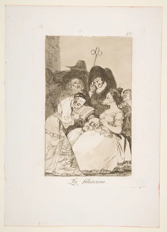 Plate 57 from "Los Caprichos": The filiation (La filiacion) Wall Art by Goya (Francisco de Goya y Lucientes) - High-Resolution Digital Print