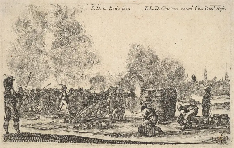 Plate 6: A battery of cannons firing on a town, from "Various Military Caprices" (Varii capricci militari) Wall Art by Stefano della Bella - High-Resolution Digital Print