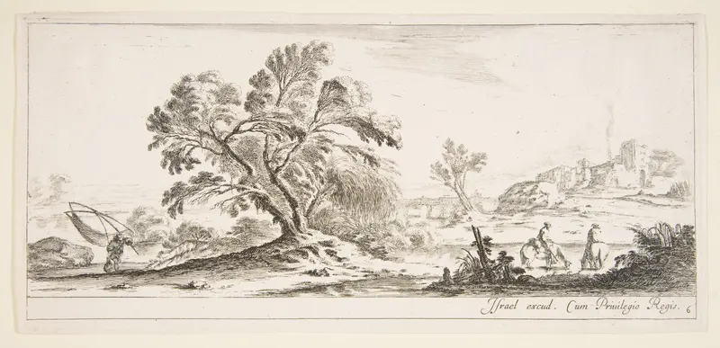 Plate 6: a fisherman carrying a net to left, two horsemen in a stream to right, a tree in center, a castle in ruins to right in the background, from 'Various landscapes' (Divers paysages) Wall Art by Stefano della Bella - High-Resolution Digital Print