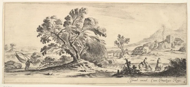 Plate 6: a fisherman carrying a net to left, two horsemen in a stream to right, a tree in center, castle ruins to right in the background, from "Various Landscapes" (Divers Paysages) Wall Art by Stefano della Bella - High-Resolution Digital Print