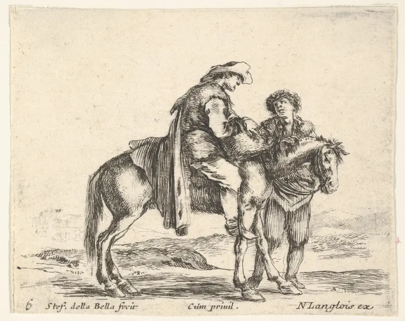 Plate 6: a peasant on horseback in profile facing the right, holding a basket and talking to another man standing behind the horse, from "Diversi Capricci" Wall Art by Stefano della Bella - High-Resolution Digital Print
