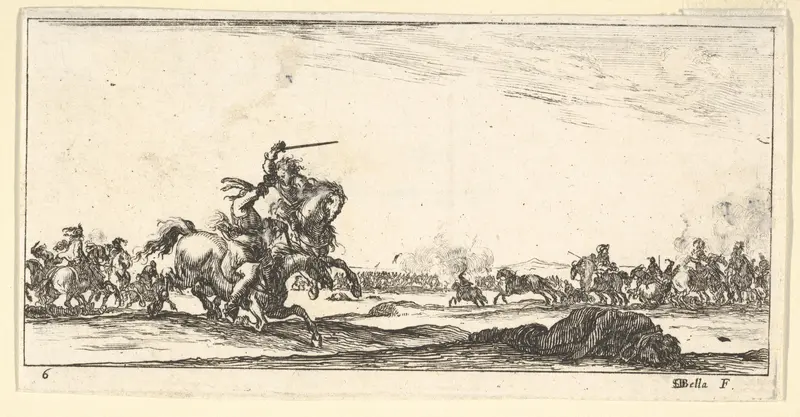 Plate 6: a skirmish between two horsemen to left, a dead man on the ground to the right, combat in the background, from "Troops, cannons, and attacks on towns" (Dessins de quelques conduites de troupes, canons, et ataques de villes) Wall Art by Stefano della Bella - High-Resolution Digital Print