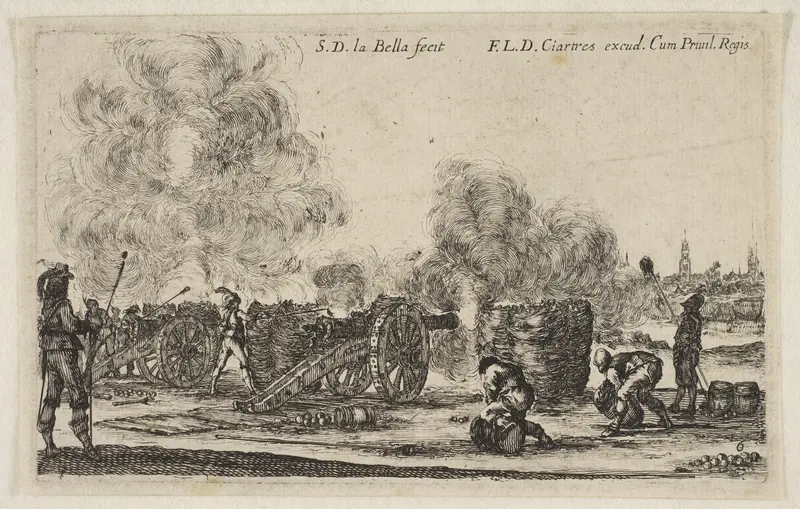 Plate 6: battery of cannons firing on a city, from "Various Military Caprices" (Varii capricci militari) Wall Art by Stefano della Bella - High-Resolution Digital Print