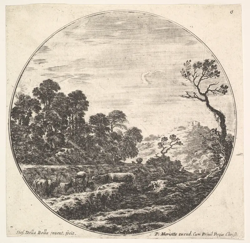 Plate 6: cows crossing a valley to left, a group of trees to left, a horseman and other cows in the background, from "Roman landscapes and ruins" (Paysages et ruines de Rome) Wall Art by Stefano della Bella - High-Resolution Digital Print