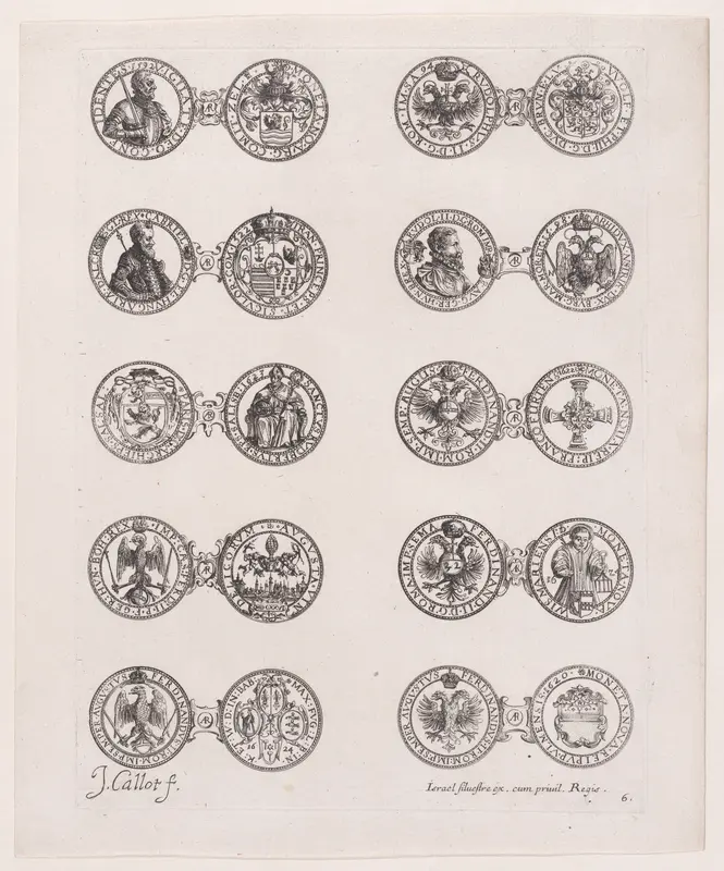 Plate 6, Featuring 10 Coins Issued by European Princes in the 16th and 17th centuries, from "Les Monnaies" (The Currencies) Wall Art by Jacques Callot - High-Resolution Digital Print
