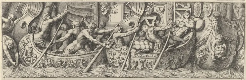 Plate 6: figures in boats decorated with mythological subjects using poles to propel them Wall Art by Pietro Santi Bartoli - High-Resolution Digital Print