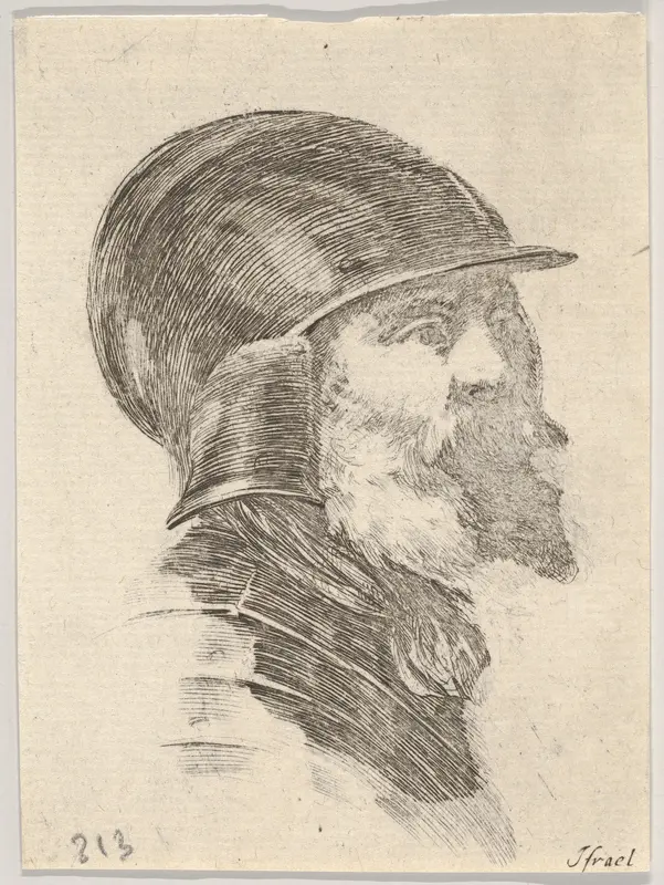 Plate 6: Head of an old bearded soldier wearing a helmet, facing right, from "Various heads and figures" (Diverses têtes et figures) Wall Art by Stefano della Bella - High-Resolution Digital Print