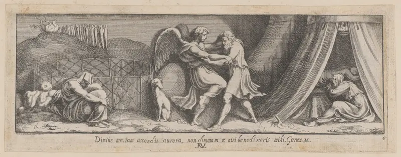 Plate 6: Jacob Wrestling with the Angel, from Genesis 32, after a lost fresco in the basamento of Bay 6 of the Vatican Loggia Wall Art by Pietro Santi Bartoli - High-Resolution Digital Print