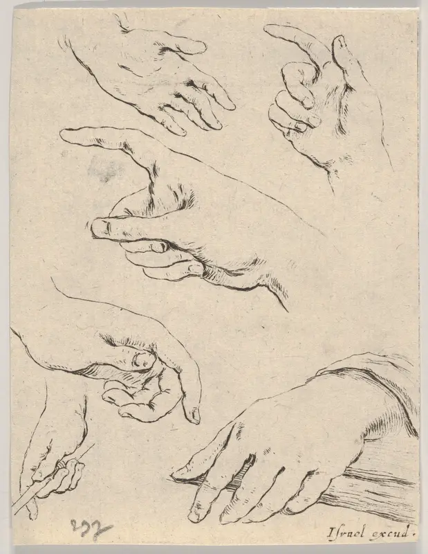 Plate 6: Six hands, from "The Book for Learning to Draw" (Livre pour apprendre à dessiner) Wall Art by Stefano della Bella - High-Resolution Digital Print