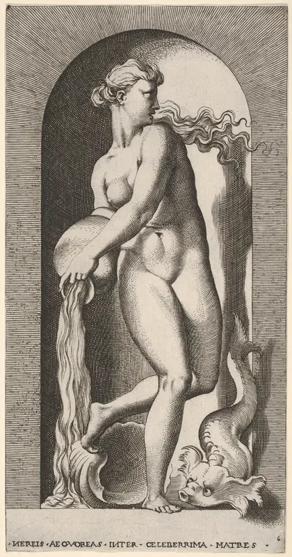 Plate 6: Thetis standing in a niche with a shell and sea creature, pouring water out of a vase, looking to her left, from "Mythological Gods and Goddesses"