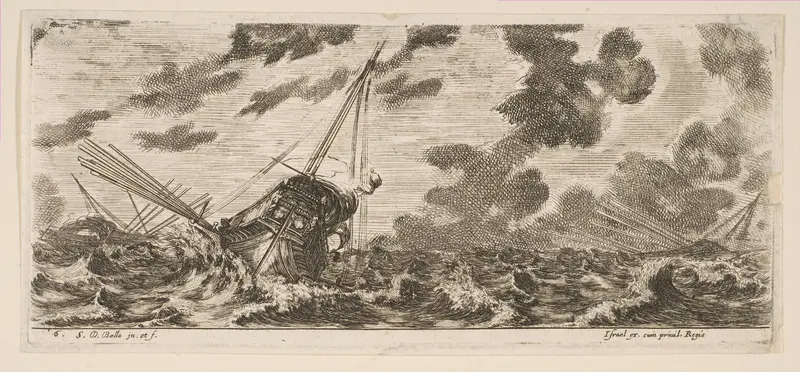 Plate 6: three ships in a storm, from 'Various Embarkations' (Divers embarquements) Wall Art by Stefano della Bella - High-Resolution Digital Print