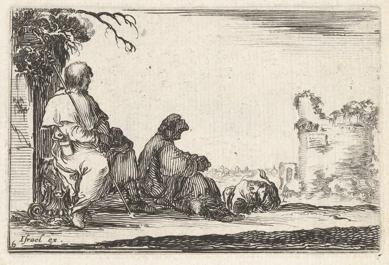 Plate 6: Two seated pilgrims and one laying down to left, a tower in ruins to right in the background, from "Caprice faict par de la Bella" Wall Art by Stefano della Bella - High-Resolution Digital Print