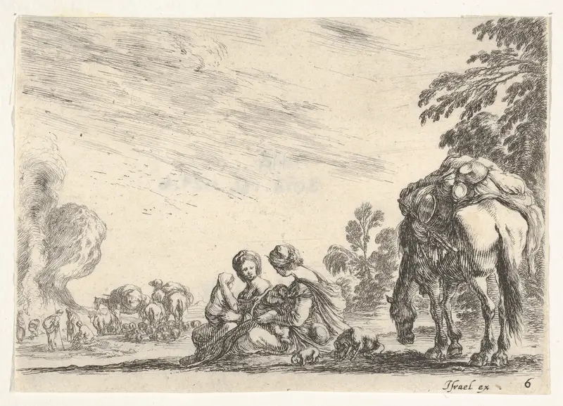 Plate 6: two women, one nursing a child, seated next to a dog and a horse carrying a pack, horses and figures to left in the background, from "Various Figures" (Agréable diversité de figures) Wall Art by Stefano della Bella - High-Resolution Digital Print