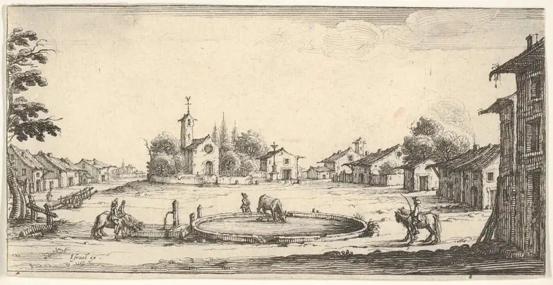Plate 6: view of a village with a horse trough in center, horses and houses to either side, a church in center background Wall Art by François Collignon - High-Resolution Digital Print