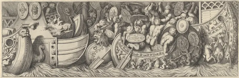 Plate 7: a battle taking place between men in boats Wall Art by Pietro Santi Bartoli - High-Resolution Digital Print