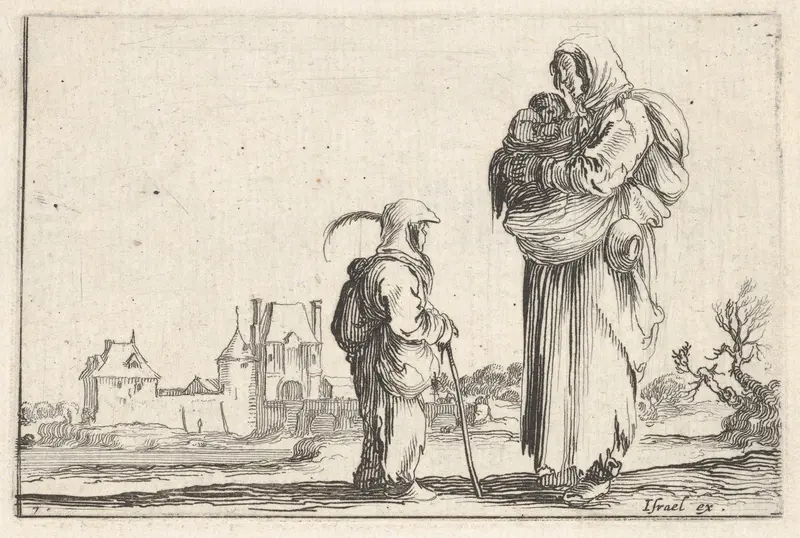 Plate 7: A peasant woman carrying a child to right, speaking to another child standing facing right in center, a castle to left in the background, from "Caprice faict par de la Bella" Wall Art by Stefano della Bella - High-Resolution Digital Print