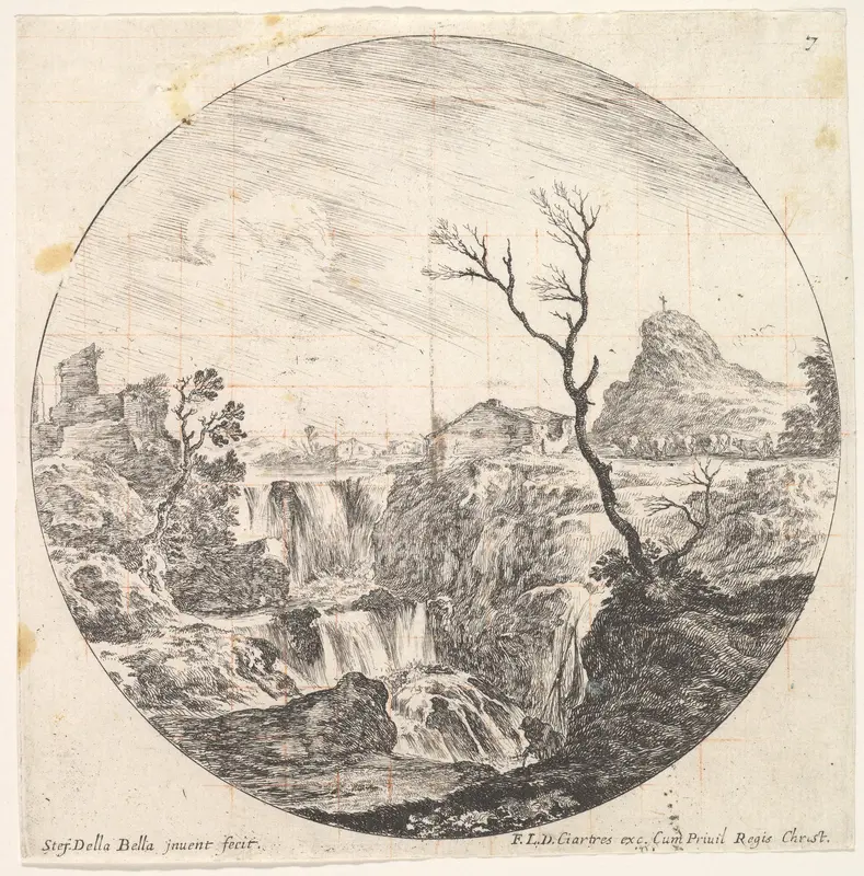 Plate 7: a triple waterfall, a dead tree to right, a mountain and a herd of cows to right in the background, from "Roman landscapes and ruins" (Paysages et ruines de Rome) Wall Art by Stefano della Bella - High-Resolution Digital Print