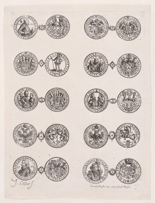 Plate 7, Featuring 10 Coins Issued by European Princes in the 16th and 17th centuries, from "Les Monnaies" (The Currencies) Wall Art by Jacques Callot - High-Resolution Digital Print