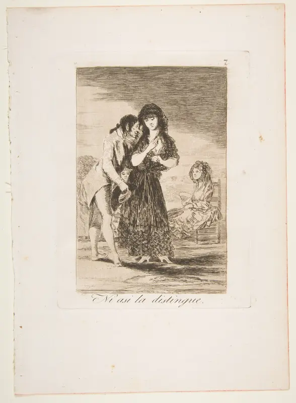 Plate 7 from "Los Caprichos": Even thus he cannot make her out (Ni asi la distingue)