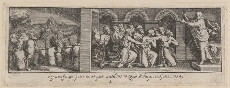Plate 7: Joseph Making Himself Known to his Brothers, from Genesis 45, after a lost fresco in the basamento of Bay 7 of the Vatican Loggia Wall Art by Pietro Santi Bartoli - High-Resolution Digital Print
