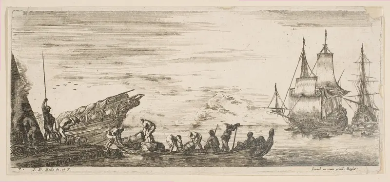 Plate 7: merchandise loaded onto a boat, two galleys in the background to right, from 'Various Embarkations' (Divers embarquements) Wall Art by Stefano della Bella - High-Resolution Digital Print