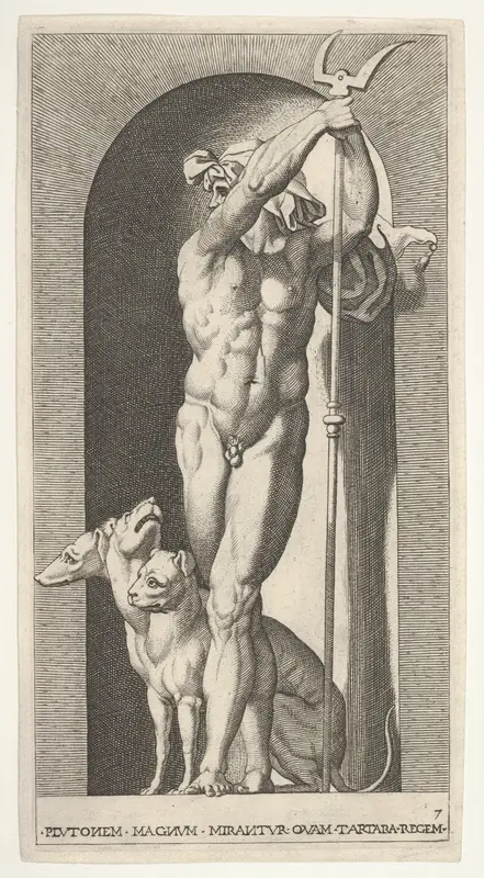 Plate 7: Pluto in a niche, holding a bident, with Cerberus next to him, from a series of mythological gods and goddesses Wall Art by Giovanni Jacopo Caraglio - High-Resolution Digital Print