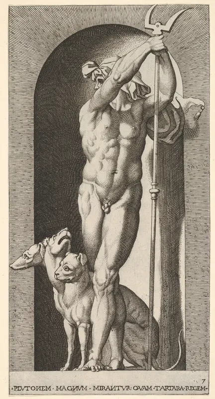 Plate 7: Pluto in a niche, holding a bident, with Cerberus next to him, from "Mythological Gods and Goddesses"