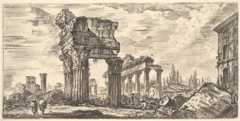 Plate 7: Temple of Jupiter Tonans (Jupiter the Thunderer). 1. Temple of Concord. (Tempio di Giove Tonans. 1. Tempio della Concordia.), from "Antichità Romane de' Tempi della Repubblica, e de' primi Imperatori"