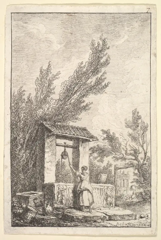 Plate 7: The Well: a young woman in center, seen from behind, drawing water from a well that is decorated with reliefs from an ancient sarcophagus, from "Les soirées de Rome" Wall Art by Hubert Robert - High-Resolution Digital Print