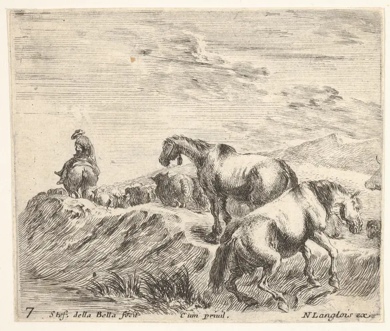 Plate 7: two horses ascending the bank of a river at right, following a procession of horses and one horseman to the left, from "Diversi Capricci" Wall Art by Stefano della Bella - High-Resolution Digital Print