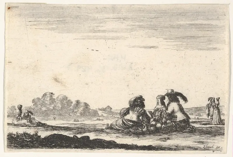 Plate 7: Two noblemen seated in center, seen from behind, conversing with a noblewoman seated between them, a noblewoman and man seated to left in background and standing to right in background, from "Various Figures" (Agréable diversité de figures) Wall Art by Stefano della Bella - High-Resolution Digital Print