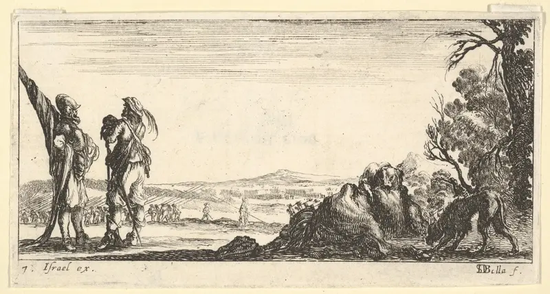 Plate 7: two soldiers standing to left, a wolf devouring a dead horse to right with another wolf entering from right, from "Troops, cannons, and attacks on towns" (Dessins de quelques conduites de troupes, canons, et ataques de villes) Wall Art by Stefano della Bella - High-Resolution Digital Print