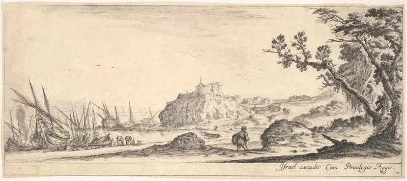 Plate 7: various boats on shore to left, a man carrying a bag, seen from behind and walking towards the background, a fortress in center background, a tree to the right, from "Various Landscapes" (Divers Paysages) Wall Art by Stefano della Bella - High-Resolution Digital Print