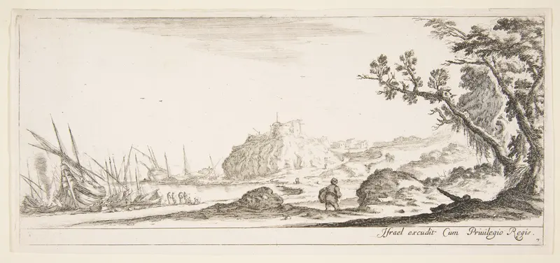 Plate 7: various boats on shore to left, a man carrying a bag, seen from behind and walking towards the background, a fortress in center background, a tree to the right, from 'Various landscapes' (Divers paysages) Wall Art by Stefano della Bella - High-Resolution Digital Print