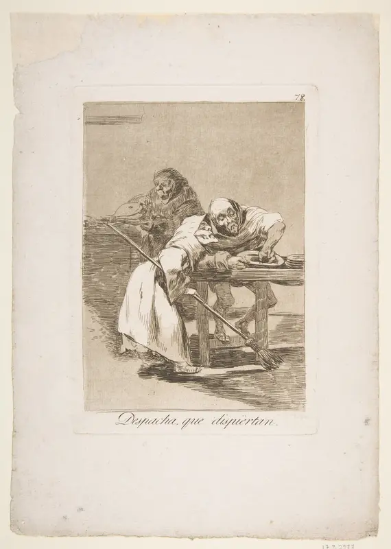 Plate 78  from 'Los Caprichos': Be quick, they are waking up (Despacha, que dispiertan.)