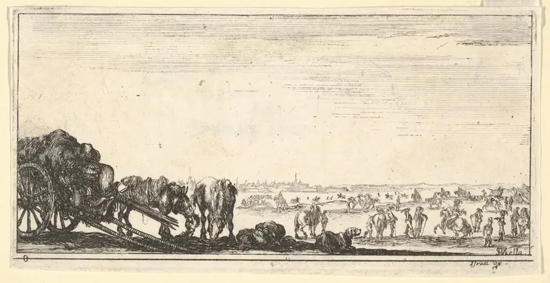 Plate 8: a chariot and two horses to left, a dog in center, various horses and soldiers in the background, from "Troops, cannons, and attacks on towns" (Dessins de quelques conduites de troupes, canons, et ataques de villes) Wall Art by Stefano della Bella - High-Resolution Digital Print