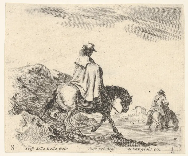 Plate 8: a horseman descends a riverbank, another horseman in river to right, from "Diversi Capricci" Wall Art by Stefano della Bella - High-Resolution Digital Print