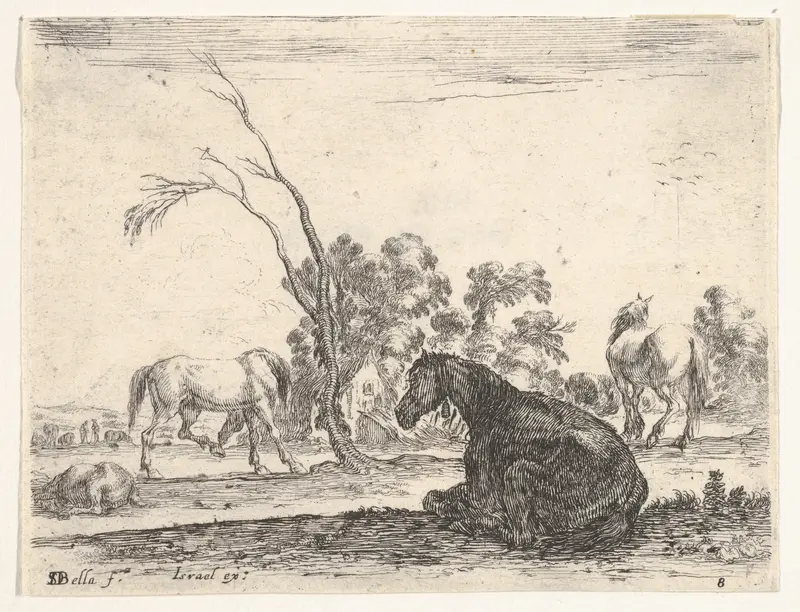 Plate 8: a seated horse to right, seen from behind and turned to the left, three other horses in middleground, a tree in center, from "Various Figures" (Agréable diversité de figures) Wall Art by Stefano della Bella - High-Resolution Digital Print