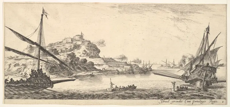 Plate 8: A the bow of a galley at left and another galley at right, seen from behind, two rowboats in center, a hill with a fortress in the background, from "Various Landscapes" (Divers Paysages) Wall Art by Stefano della Bella - High-Resolution Digital Print