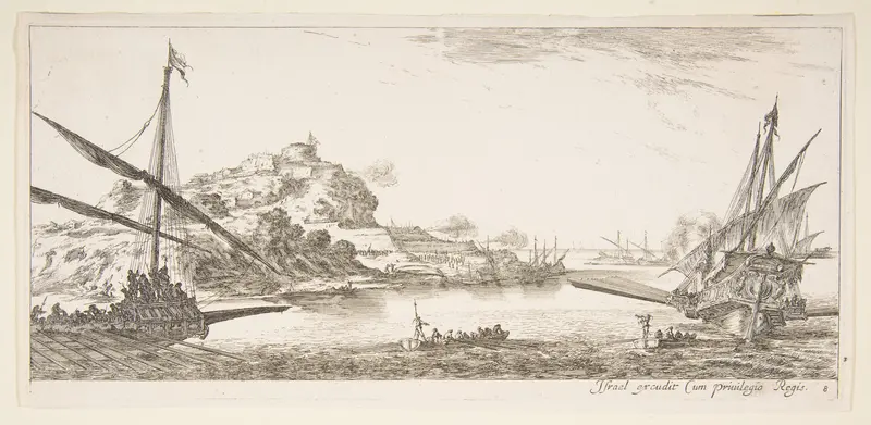 Plate 8: A the bow of a galley at left and another galley at right, seen from behind, two rowboats in center, a hill with a fortress in the background, from 'Various landscapes' (Divers paysages) Wall Art by Stefano della Bella - High-Resolution Digital Print