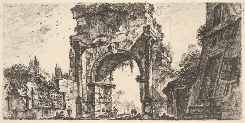 Plate 8: Arch of Drusus at the Porta S. Sebastiano in Rome (Arco di Druso alla Porta di Sebastiano in Roma), from "Antichità Romane de' Tempi della Repubblica, e de' primi Imperatori"